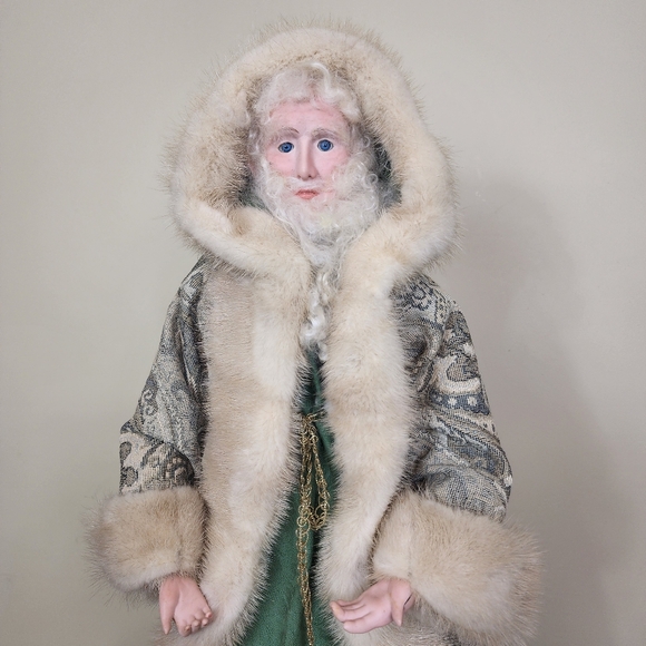 Vintage 24" Ceramic Father Christmas on Wooden Base Tapestry Fur Trim Coat Santa - Picture 2 of 9